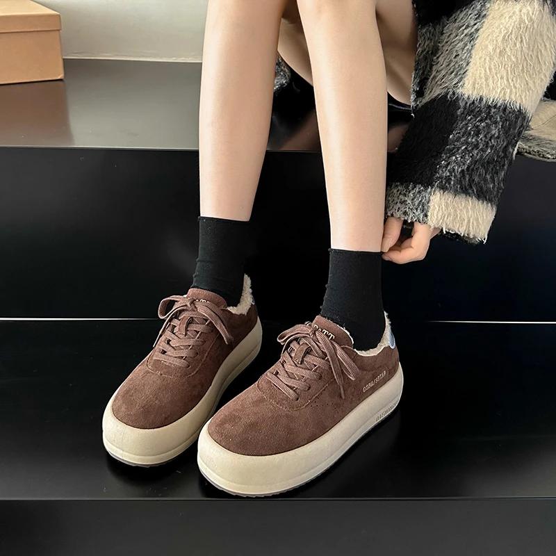 Winter New Thick Soled Cotton Shoes Women's Fashion Suede Front Lacing Anti-slip Wear-resistant Low-top Shoes