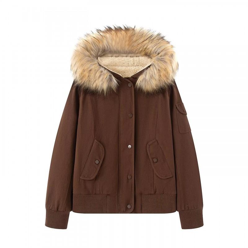 Womens Oversized Cargo Jacket With Faux Fur Collar Hooded Short Coat In Vintage Brown Slim Fit Streetwear