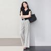 High waisted striped straight leg wide leg pants with crotch covering