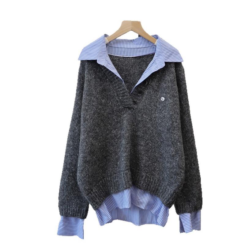 Splicing Shirt Fake Two-piece Knitted Sweater Top Autumn and Winter New Design Sense Loose and Thin Sweater Pullover Woman