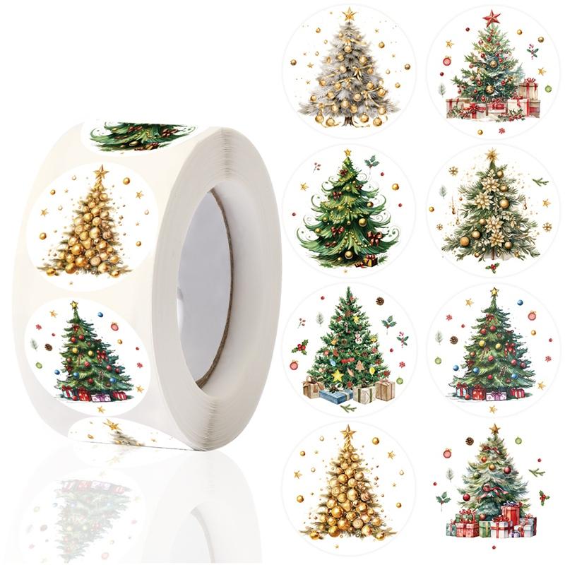 500pcs Merry Christmas Stickers Round Christmas Tree Tags Stickers for Kids Gifts Baking Package Envelope Stationery Decoration