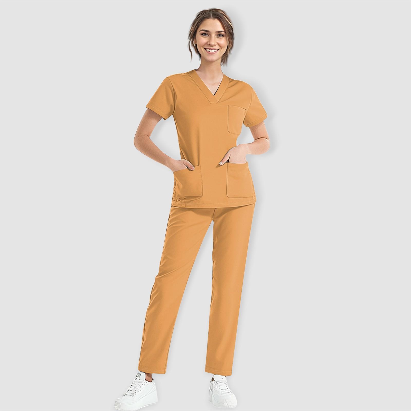 

Женский однотонный рабочий топ с коротким рукавом и V-образным вырезом, нагрудным карманом, эластичный пояс, брюки, комплект из двух предметов, 3 кармана, женские рабочие топы S оранжевый