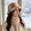 Cute Aesthetic Winter Hat Women Spotted Deer Hat, Faux Fur Bucket Scarf, Brown White Gradient Soft Cozy Furry Fisherman for Girls, Autumn Accessory