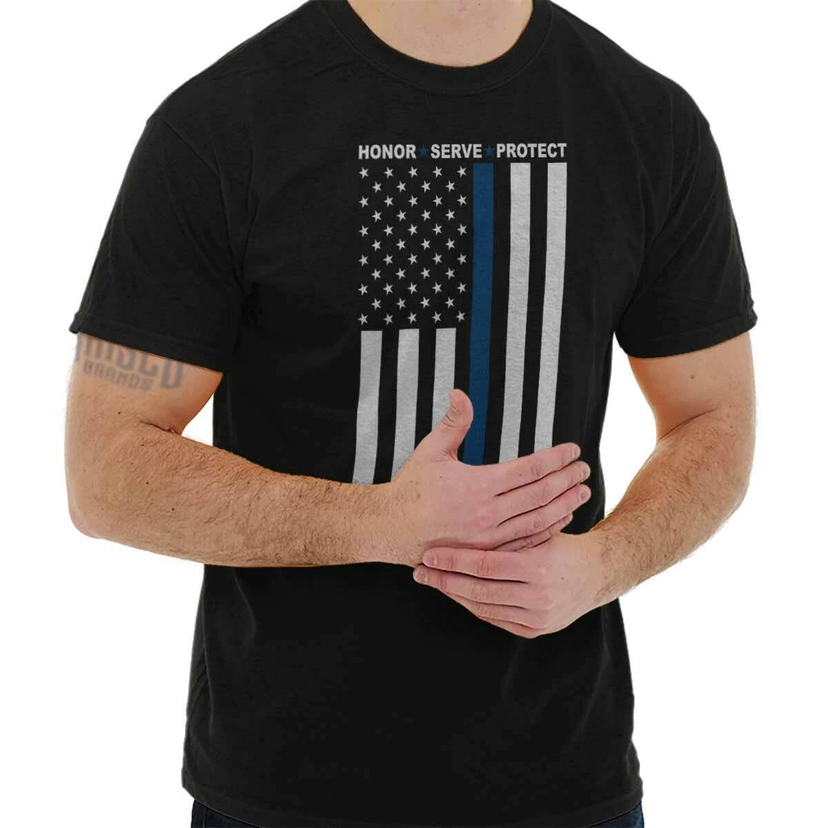 Blue Line American Flag Honor Serve Protect Womens or Mens Crewneck T Shirt Tee S