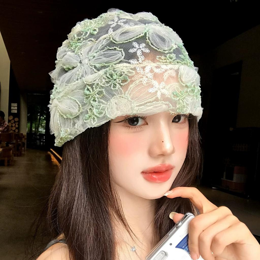 Plasă cu flori de dantelă și paiete, accesoriu pentru cap, de vară, subțire, respirabil, dulce, pentru față, pălărie mică pentru frig, pălărie pull-over