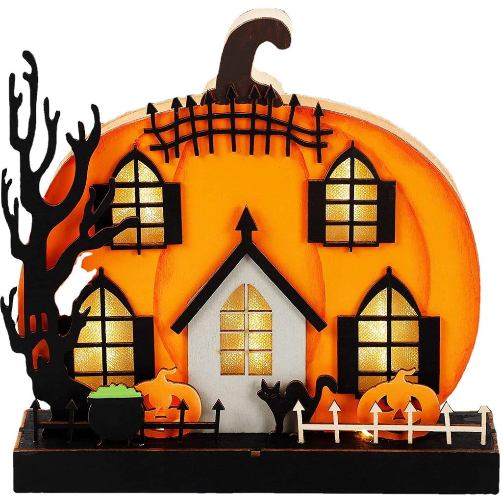 Pumpkin House Glowing Desktop Ornaments DIY Wooden Horror Ghost Pumpkin House with LED Light for Halloween Eve Party Decoration