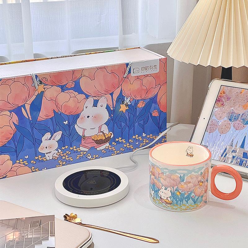 Cartoon Ceramic Constant Temperature Cup Souvenir Gift Set Warm Cup Smart Heating Coaster Creative Gift