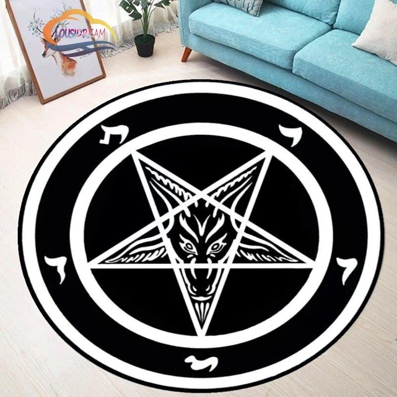 Pentagram Carpet Moon Satanic Round Rug Skull &  , Wicca  White  On Black  Goth Home Decor Chair Mats