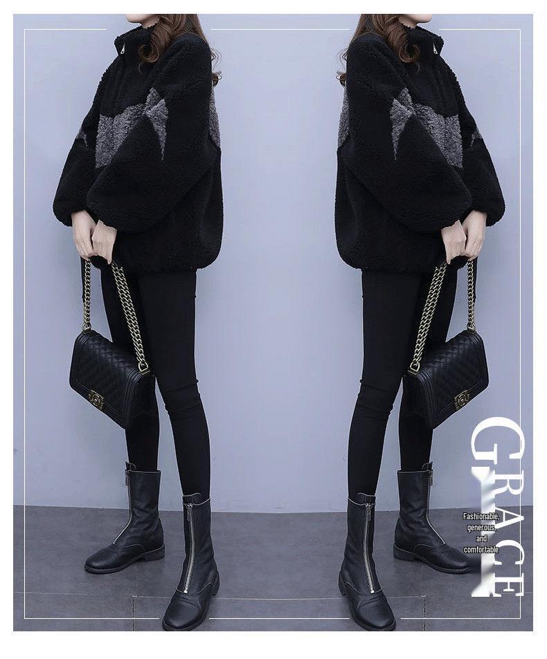 Women's Plus Size Color Block Fleece Coat - Lamb Wool One-Piece, Autumn & Winter Fashion