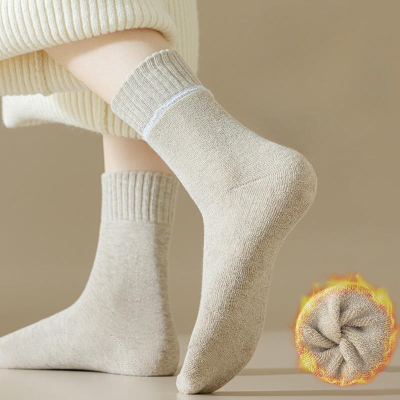 5 Pairs Winter Warm Velvet Thickened Multicolor Basic Socks Mid Calf Length Casual Cozy Foot Wear Hosiery