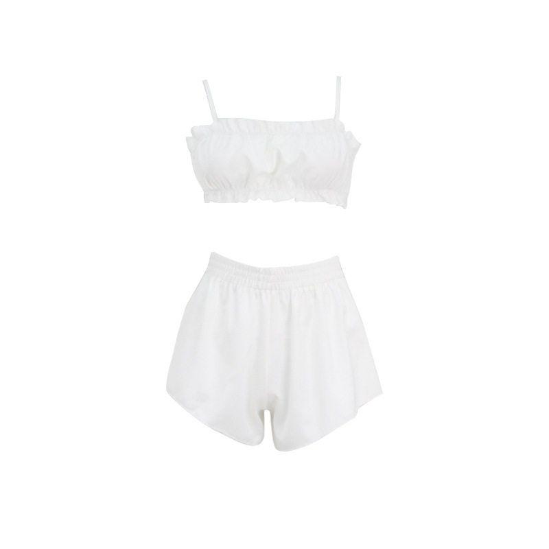 

Cross-Border Hot-Selling Women s Clothing, Sexy and Sweet, Cool Imitation Silk Ruffled Edge Camisole Sleepwear, Hot Girl Two-Piece Set for Women White [Ready in Stock] S