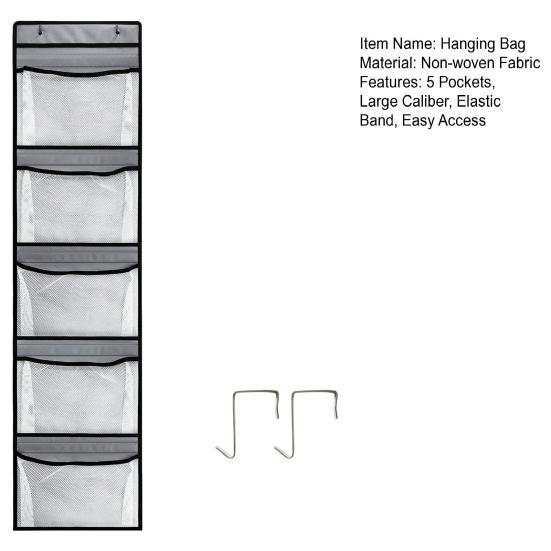 1 Set Hanging Bag with 2 Hooks 5 Pockets Large Caliber Easy Access Visible 5-Skeleton Hanging Storage Pouch Wardrobe Supply