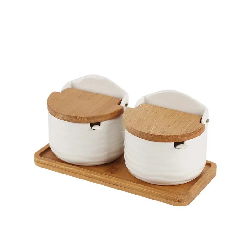 Jars Set Wood Lid Bamboo Tray Seasoning Jar With Spoons Kitchen Sugar Salt Spices Storage Container Seasoning Jar Ceramic Spice