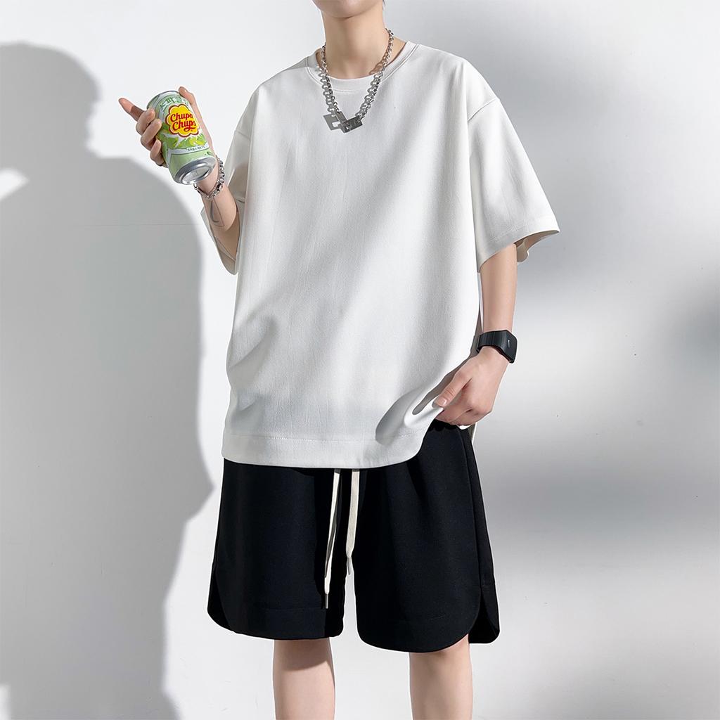 Sommer Kortarmet T-skjorte og Shorts Sett   Eksenfarget Treningsdresser Løse Oversized Herre Sett Fritids Sportsdrakt