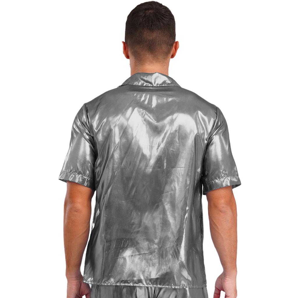Mens See Through Shirt Turn Down Collar Short Sleeve Water Ripple Shine Beachwear Clubwear Top