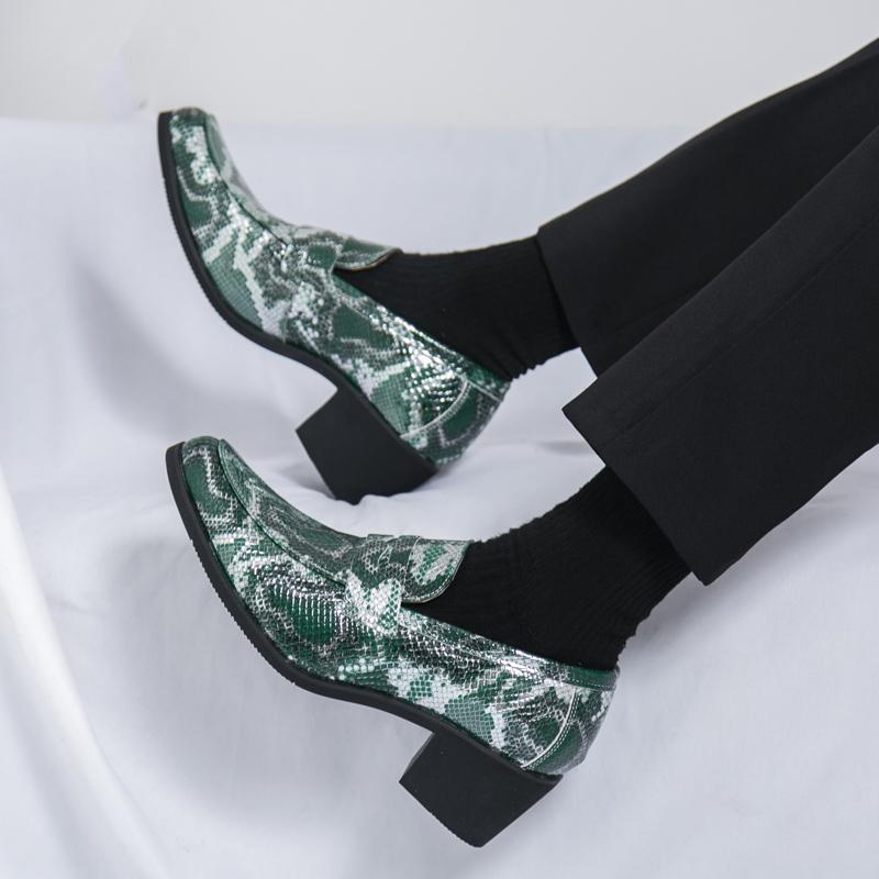 Fashion British Style Green Snake Skin Pattern Leather Loafers For Men Retro Mens Dress Shoes Party Formal Shoes 6cm High Heels