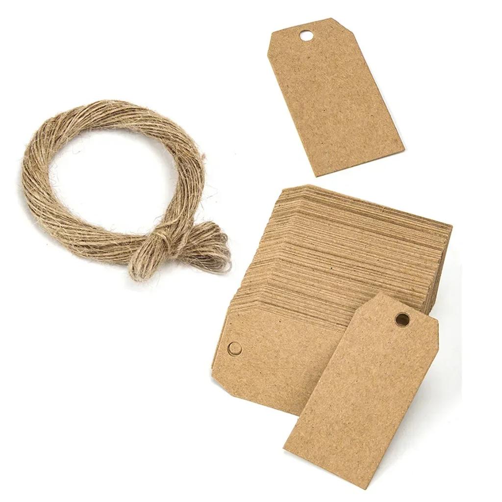 100 Pcs Kraft Paper Tags Brown Cardboard Cards With Strings Wedding Birthday Christmas Party Gifts Tag Cookie Packaging Supplies