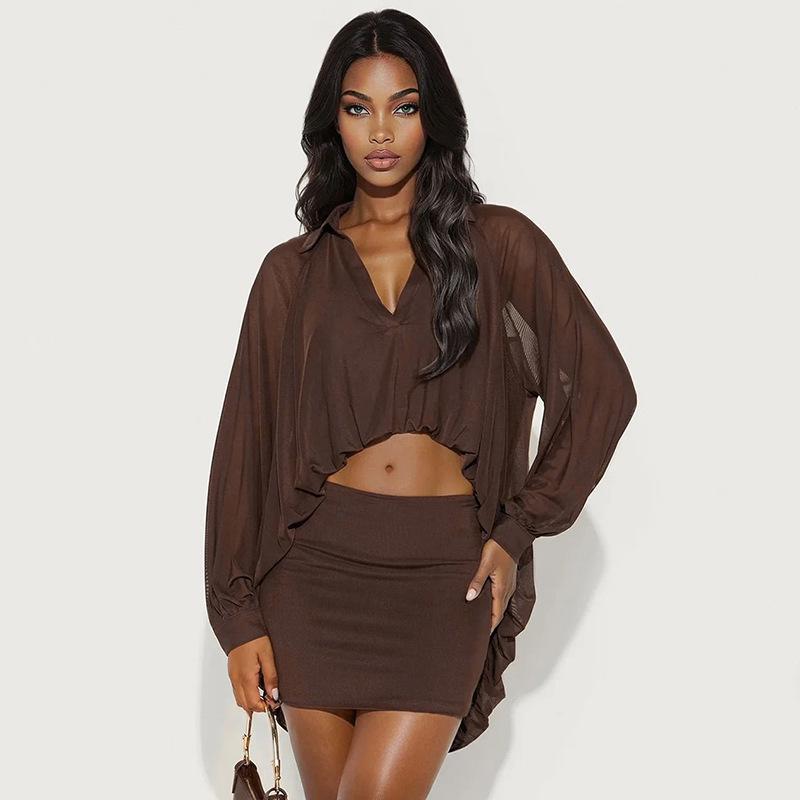 

European Style Autumn/Winter 2026 Solid Color Mesh Bubble Hem Shirt Dress Set M