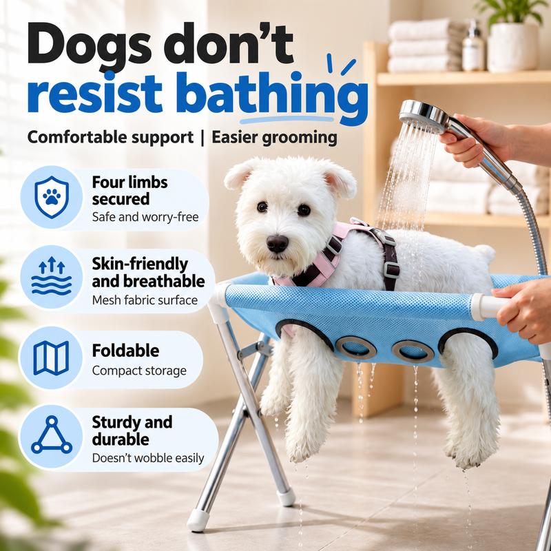 POKPAW Foldable Pet Grooming Table Portable Bathing Station Mesh Stand with Leg Holes for Small Dogs and Cats