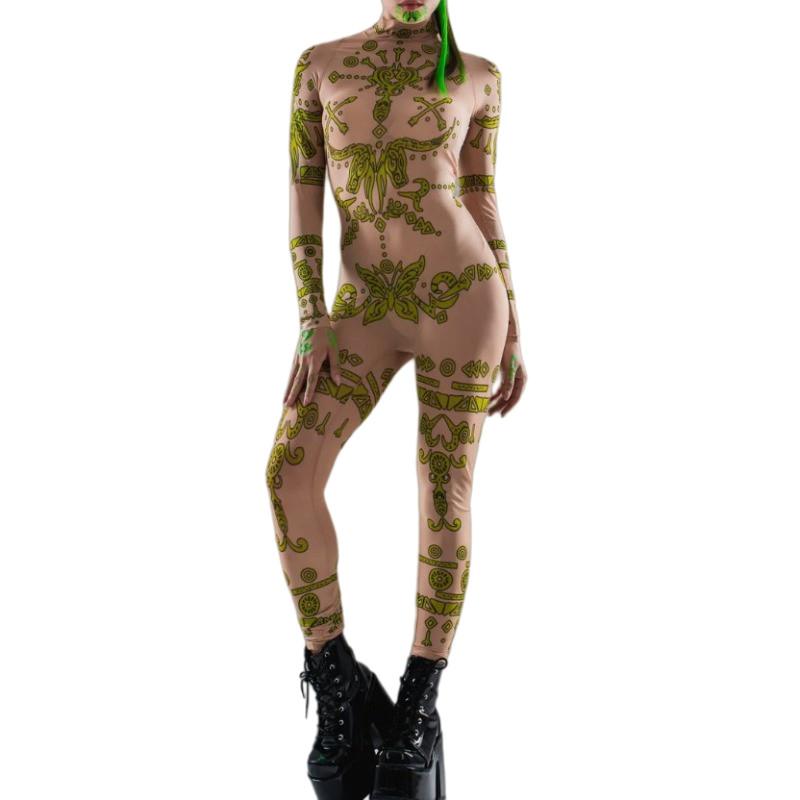 

Women Tattoo Patterned Tight Fitting Clothing Jumpsuit Adults Cyber Punk 3D Digital Butterfly Printing Halloween Cosplay Costume S зелёный