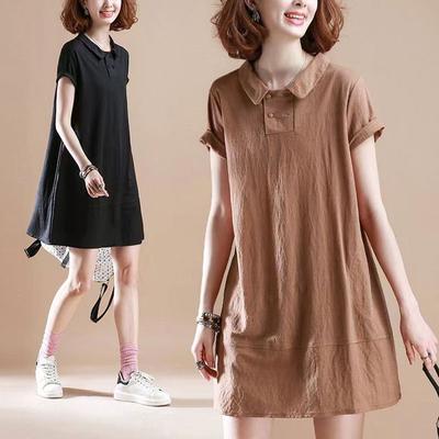 Korean Loose Short Sleeve Dresses Summer Casual Peter Pan Collar Women's Button Basic Spliced Solid Color Midi Dress