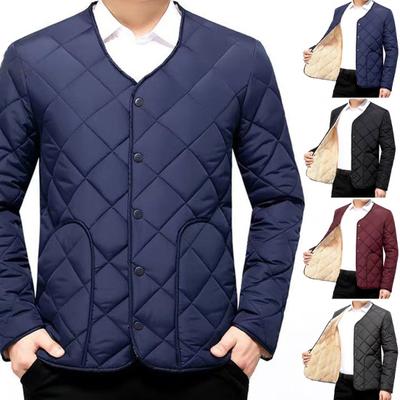 Men Cotton Coat O-Neck Long Sleeve Diamond-Shaped Stitching Button Placket Coat Solid