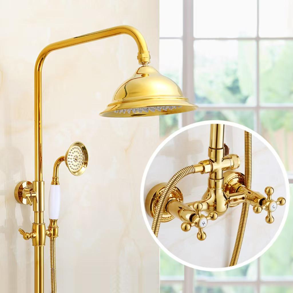French Retro Full Copper Gold Shower Head Set with Hot and Cold Faucet