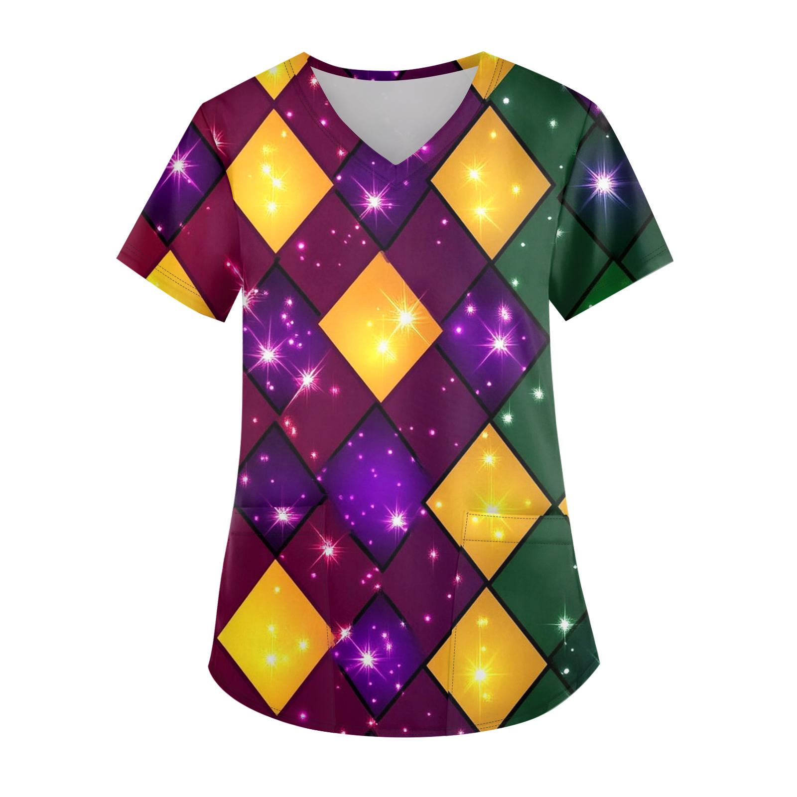 

Ladies Carnival Printed Fashion V-neck Pocket Short Sleeved Nurse s Wear And Worker s Top XXL