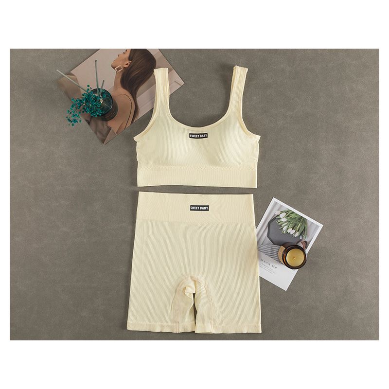 

Two-Piece Sports Suit Yoga Intimates Suit Summer Ladies Underwired Vest with Letters Minimalist Pure Color Shorts Rice White Suit One size