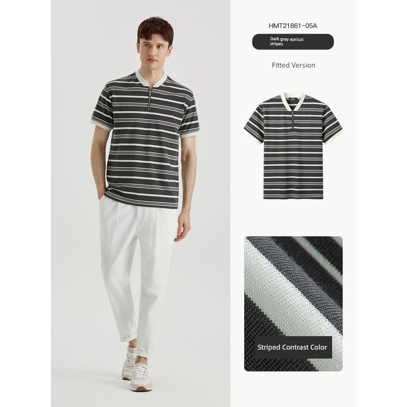 Paper Crane Men Stripes Short Sleeve Summer Fashion Baseball Collar Half Sleeve Lightweight Stretch T-shirt Classic Stripes Tops
