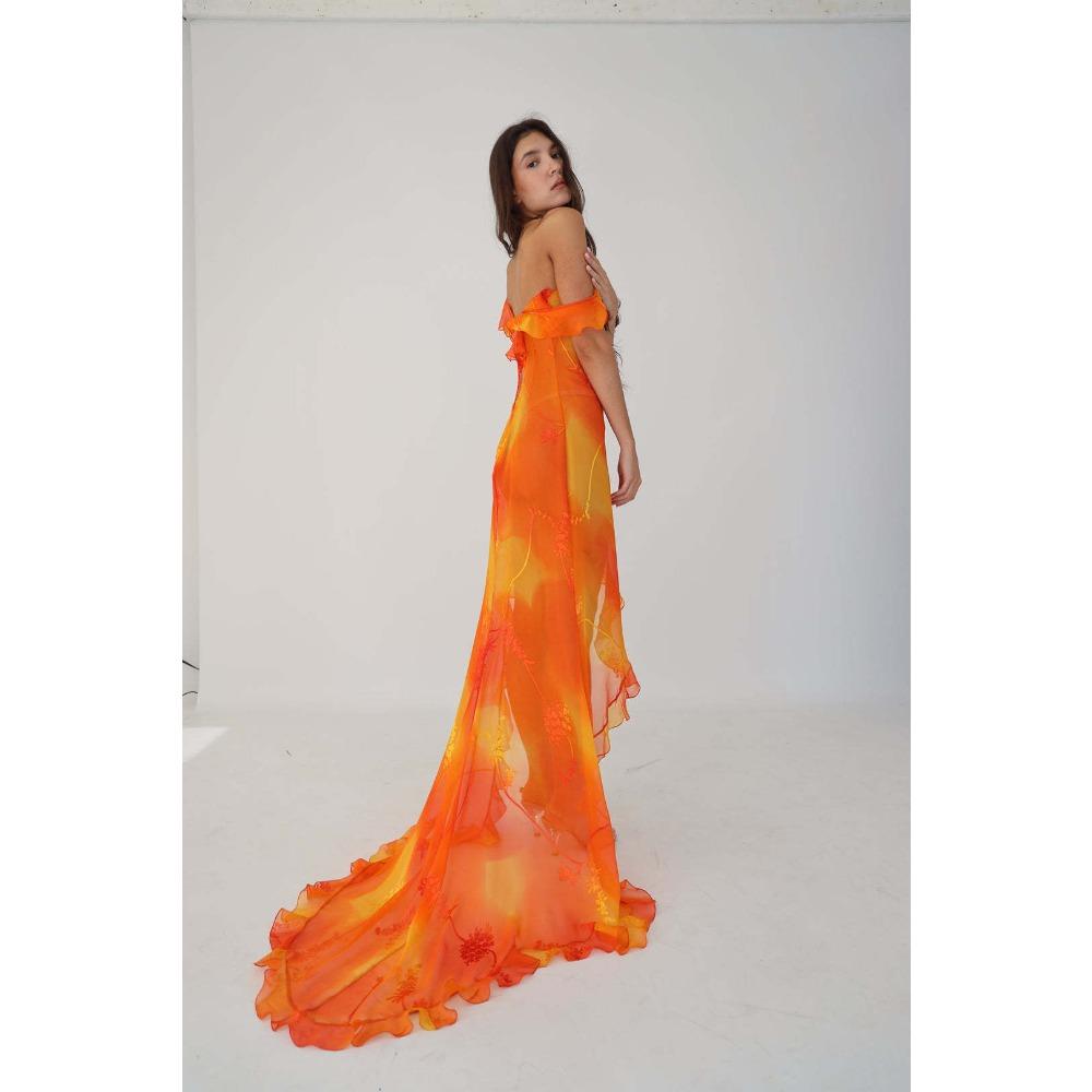 Women's U Neck Sleeveless Maxi Dress Slim Fit Mid Waist Sexy Floral Tie Dye High Slit Ruffle Chiffon Party Dress
