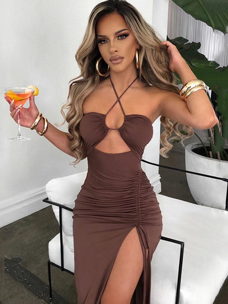 Spring Sexy High Slit Halter Neck Dress - European & American Style