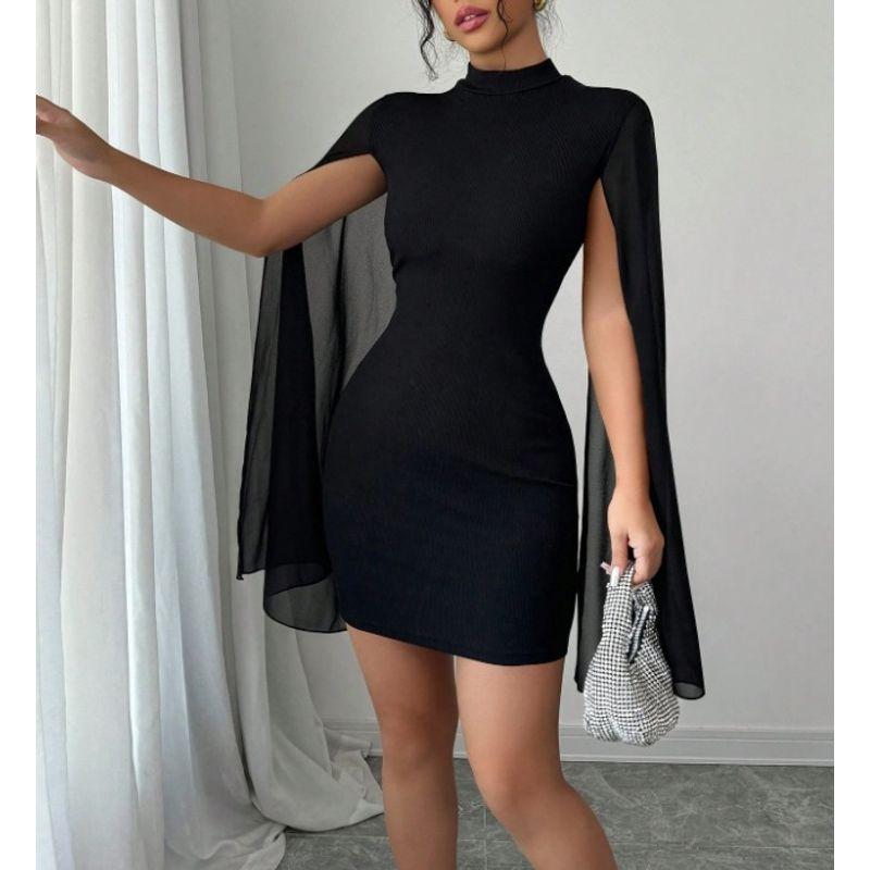 

European and American Autumn Fashion Temperament New Stand Collar Black Slim fit Sheath Feifei Long sleeve dress One-Step Skirt Short dress Black(Figure) XL