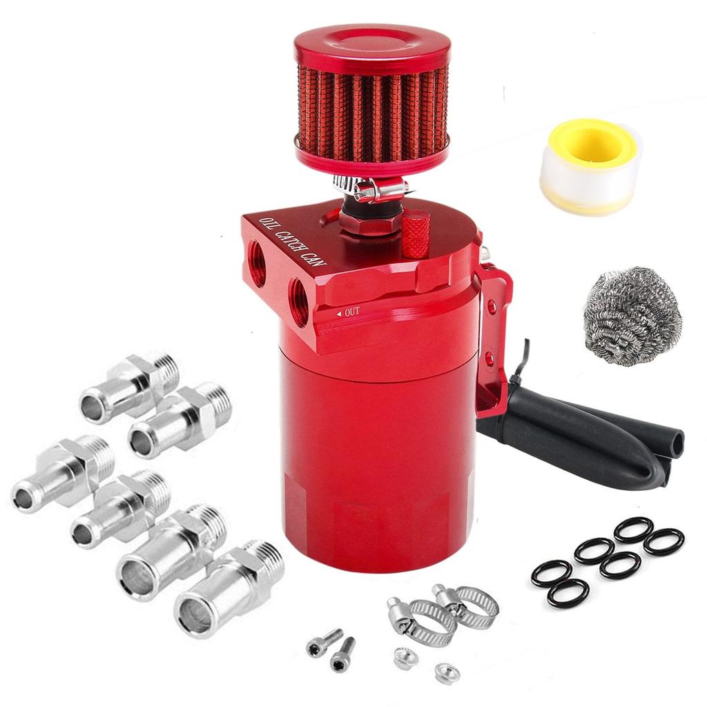 Car Baffled Oil Catch Can Reservoir Tank with Mini Filter Breather Baffled Aluminum Fittings Oil Dipstick Hole Breathable Kettle