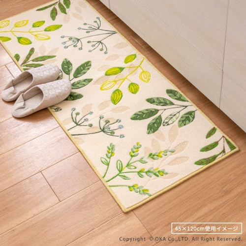 OKA Leaf Breath Kitchen Mat, Approx. 45cm x 180cm, Green (Washable, Antibacterial, Boshu, Non-Slip, Refreshing)