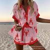 Conjunto de pantalones cortos de playa y camisa de manga corta para mujer, multicolor, vida marina, ocio, vacaciones, conjunto de dos piezas