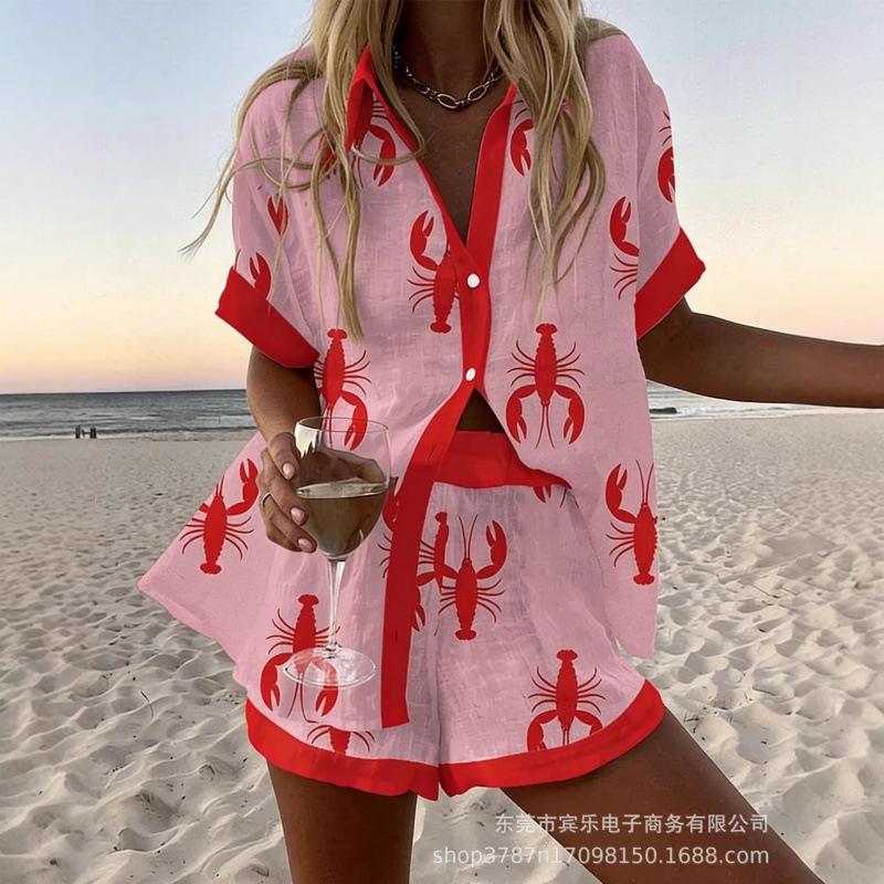 Conjunto de pantalones cortos de playa y camisa de manga corta para mujer, multicolor, vida marina, ocio, vacaciones, conjunto de dos piezas