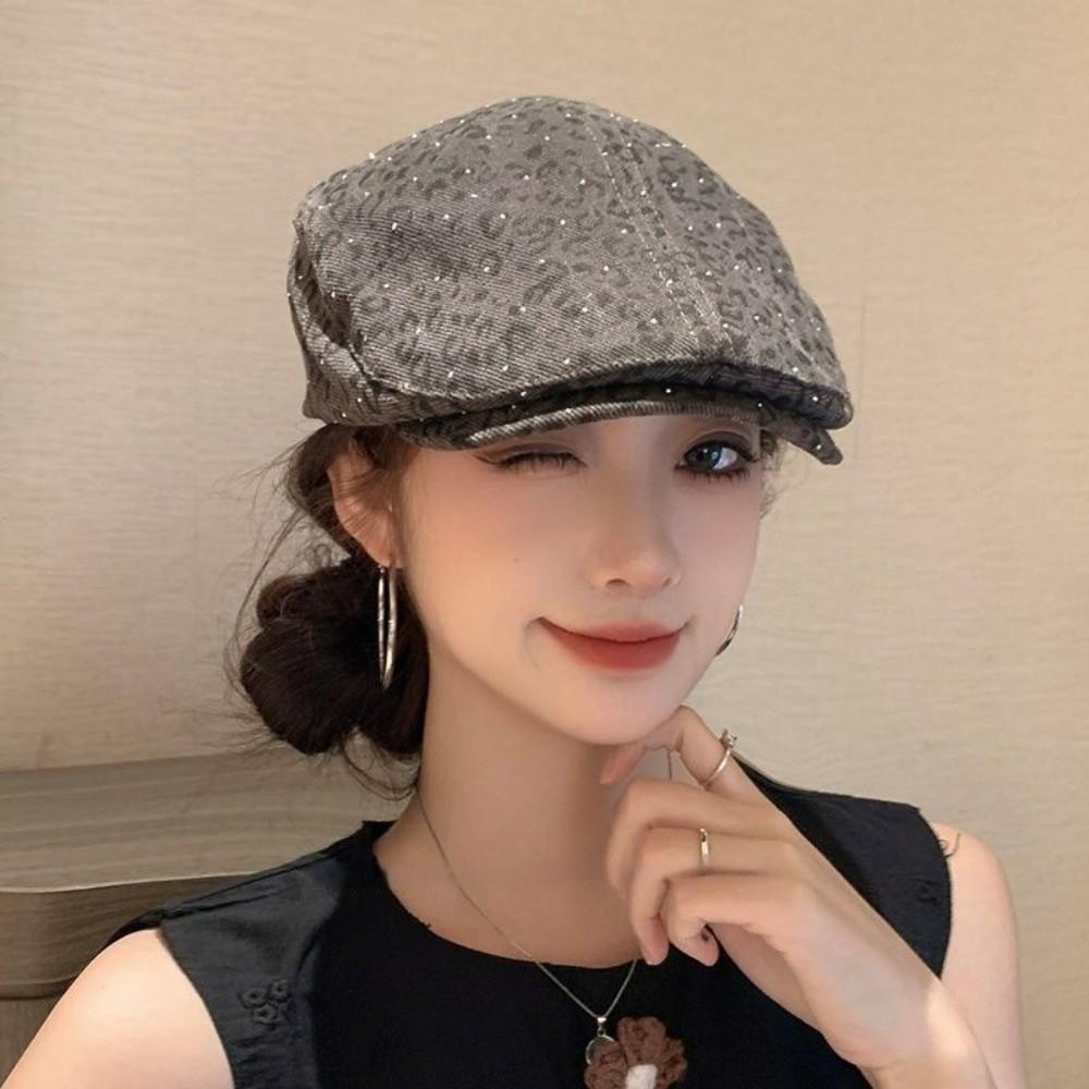 Rhinestone Leopard Print Beret Y2k Leopard Newsboy Cap Cool Painter Cap  Outdoor