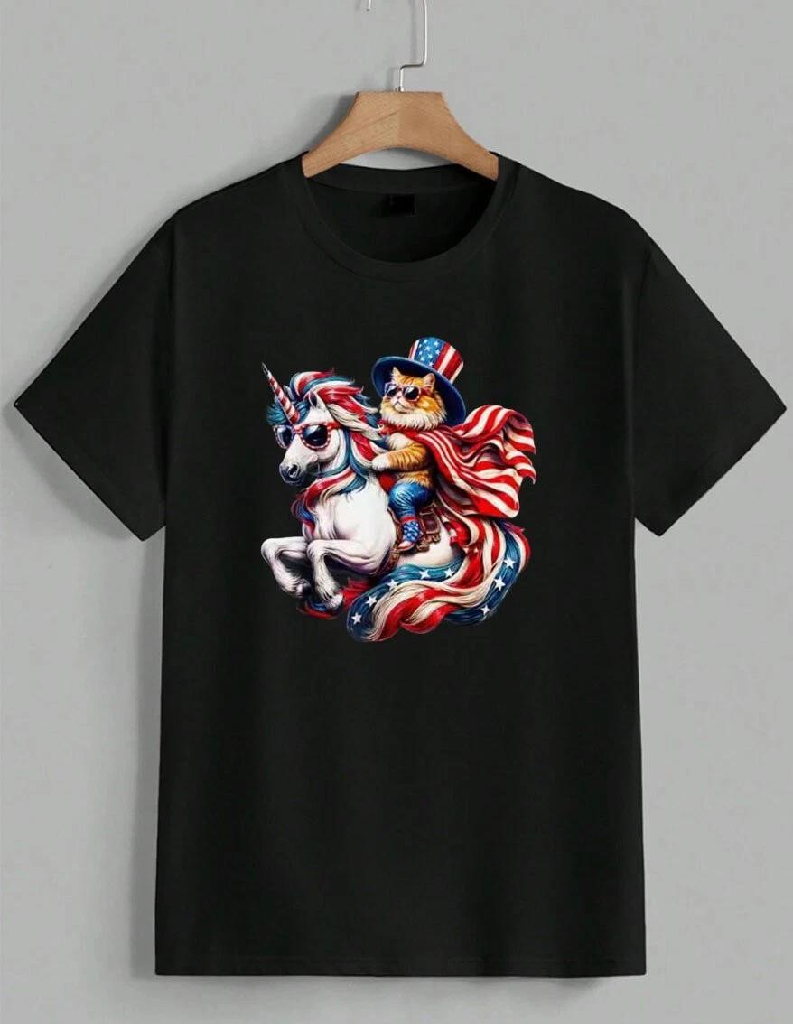 Patriotic Cat Unicorn Graphic Tee USA Flag 4th of July Funny T-Shirt Unisex XXXXL