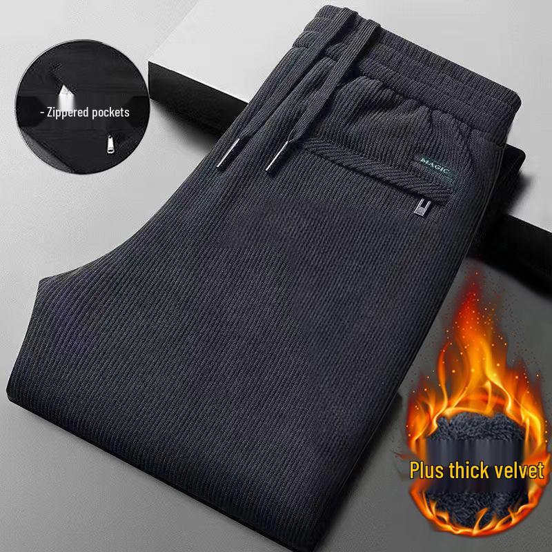 Men's Large Corduroy Warm Winter Casual Straight-Leg Pants with Velvet Lining