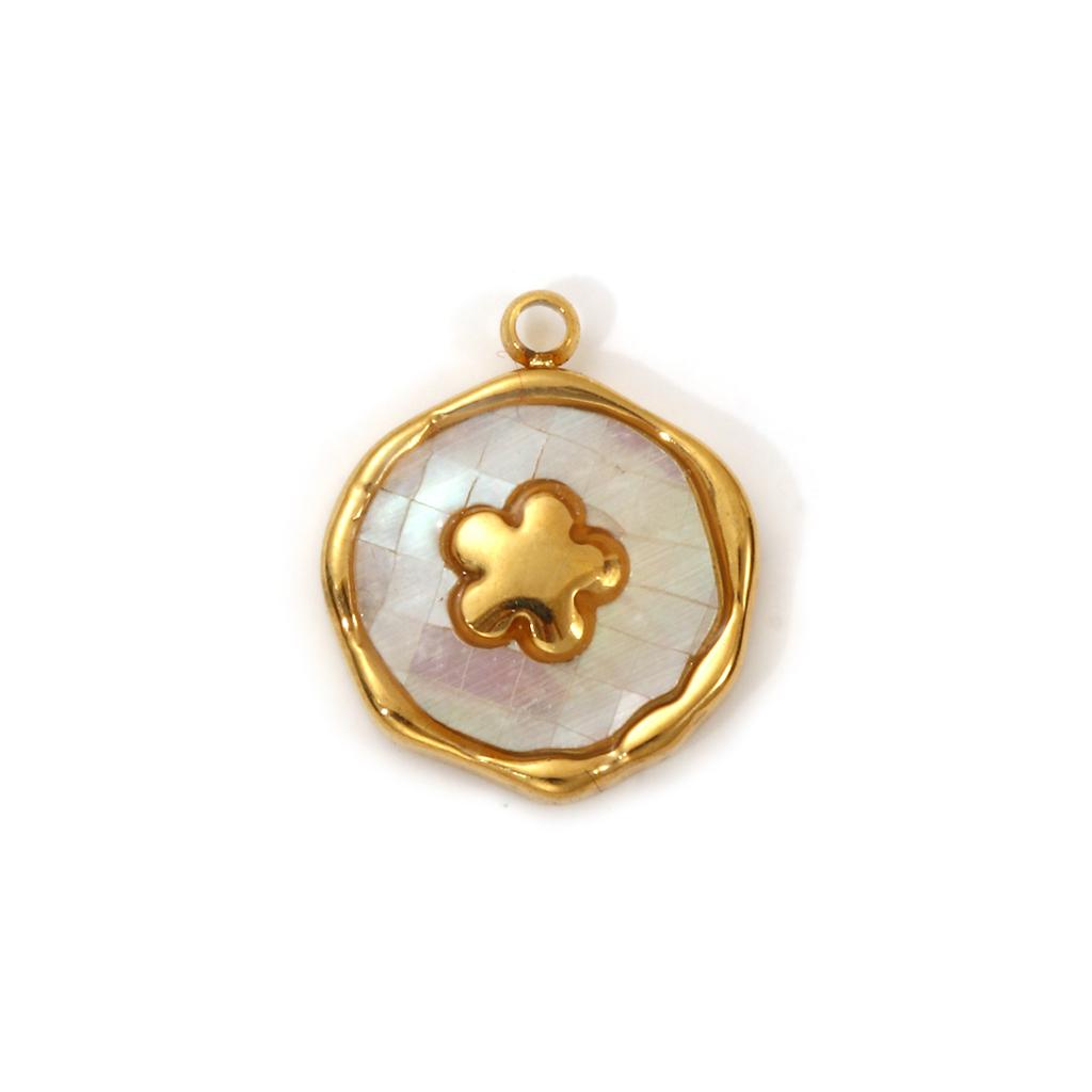 2 PCs 304 Stainless Steel & Natural Shell Charms 18K Real Gold Plated Irregular Round Moon Heart Flower Pendants DIY Necklace