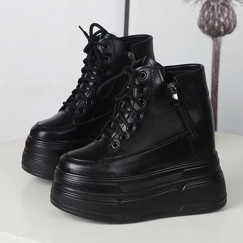 13CM Microfiber Genuine Leather Vulcanize Summer High  Comfy Spring Autumn Platform Women Chunky Sneaker Loafer Shoes