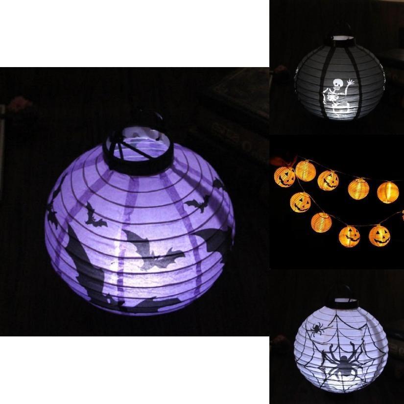 Premium Quality Led Paper Pumpkin Lantern With Spider And Bat For Halloween Party Decor