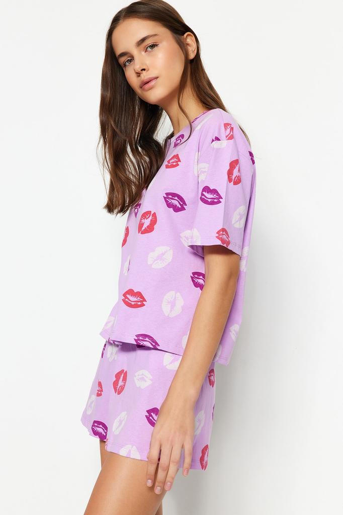 Conjunto de pijama de malha feminino estilo homewear branco multicolorido 100% algodão divertido