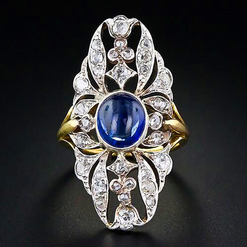 CopperLuxury Two Tone Zircon Flower Rings for Women Oval Blue Imitation Opal Stone Rings Gorgeous Lady Jewelry