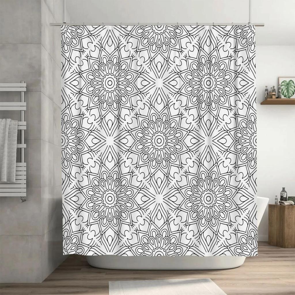 Vintage Bath Mat Boho Floral Rug for Bathroom Decor Non-Slip Floor Mats White Black Design Shower Curtain Set with Rods