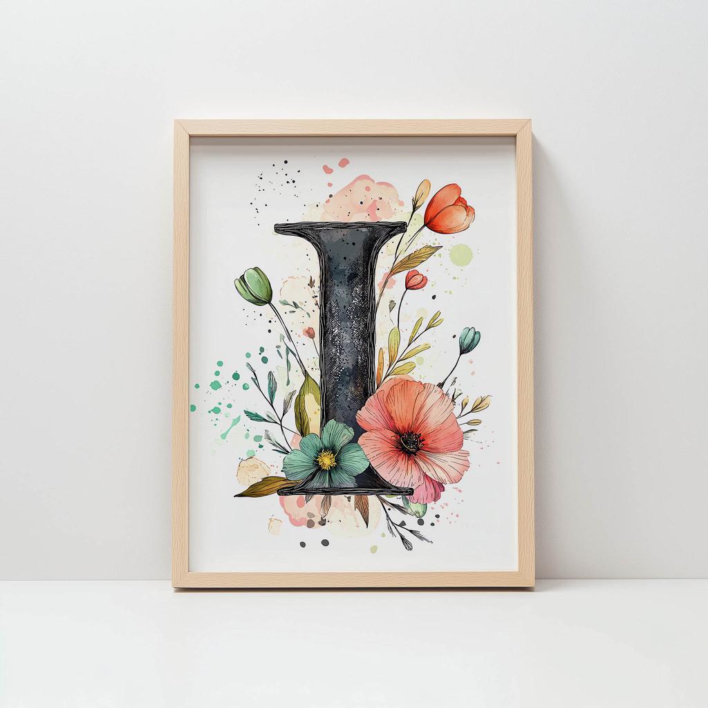 Plakat Litera "I" Z Kwiatami Plakat Litera "I" Z Kwiatami, 30X40 Cm, Rama Drewniana Ciemny Brąz, Papier Matowy 230 Gsm