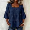 Summer Women's Solid Color Linen Cotton Square Neck Lace Trim 3/4 Sleeve Casual Top