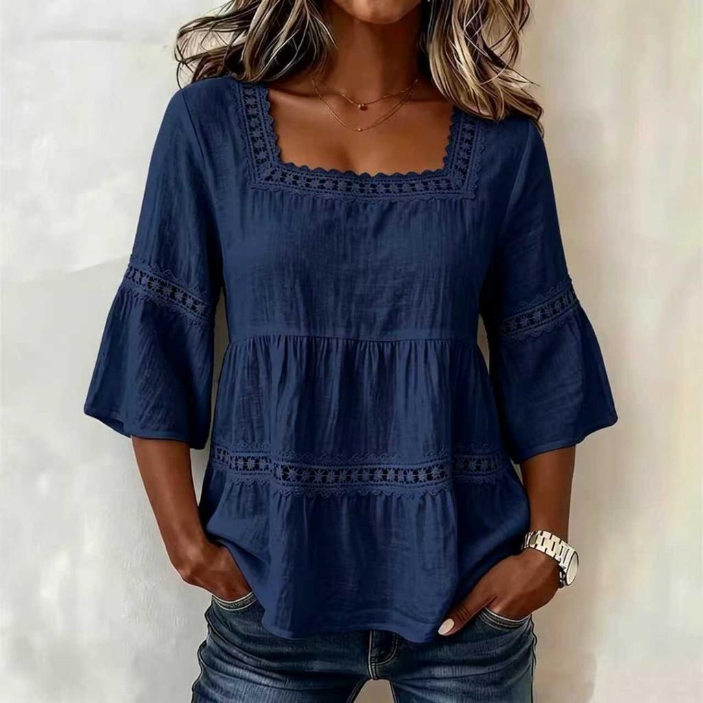 Summer Women's Solid Color Linen Cotton Square Neck Lace Trim 3/4 Sleeve Casual Top