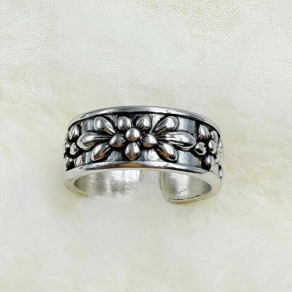 Unisex Adjustable Distressed Flower Open Ring - Versatile Alloy Design